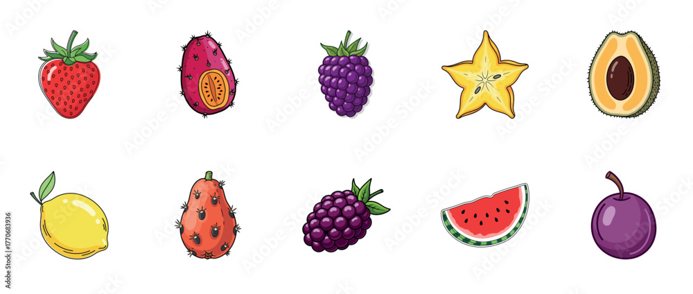Fototapeta premium Colorful assorted fruits collection: strawberry, prickly pear, blackberry, starfruit, avocado
