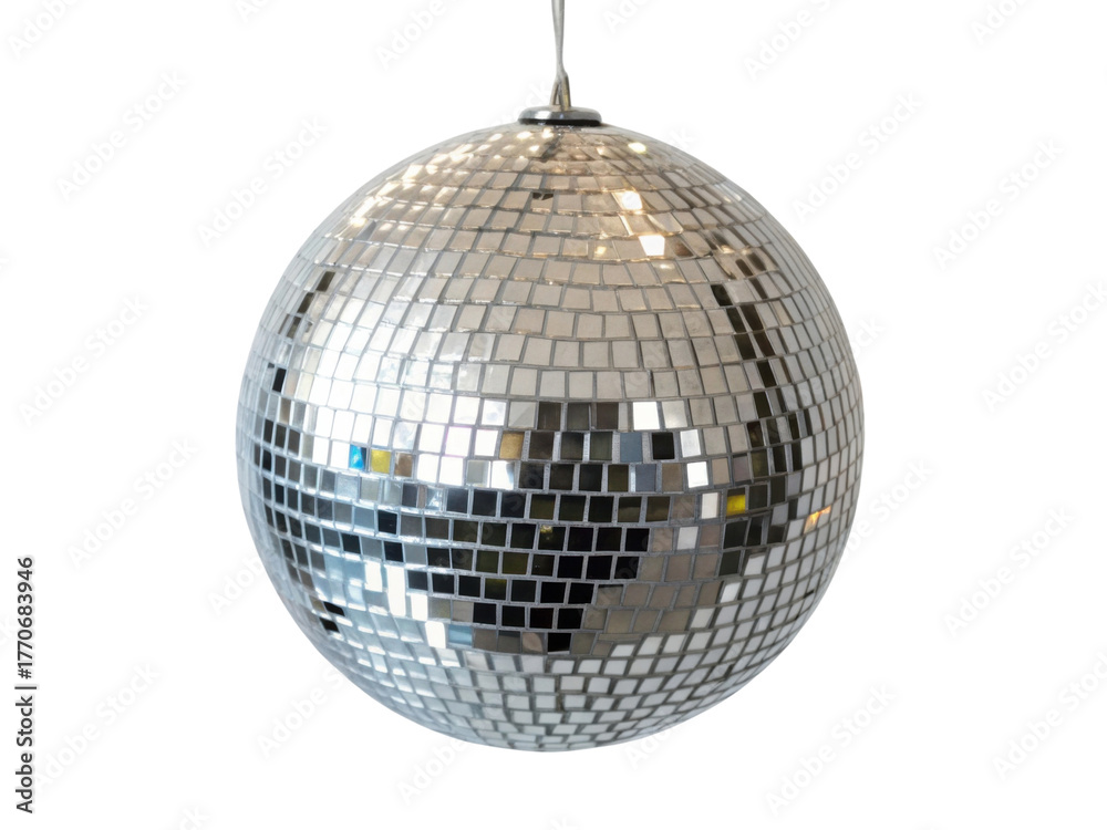 Fototapeta premium Classic hanging disco ball with reflective mirror glitter sphere. fun and festive object for dance party, celebration and music
