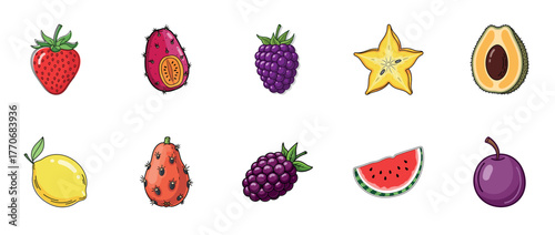 Colorful assorted fruits collection: strawberry, prickly pear, blackberry, starfruit, avocado