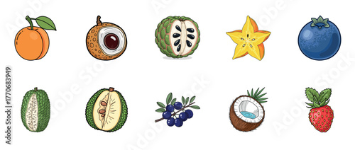 Collection of exotic fruits: mangosteen, durian, starfruit, coconut, blueberry, strawberry