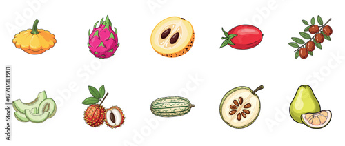 Colorful variety of exotic fruits including dragon fruit, kiwano, and lychee on white background