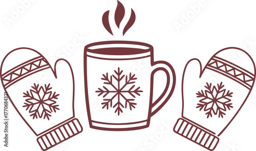 Cozy Winter Scene: Steaming Mug of Hot Chocolate Between Two Snowflake Mittens