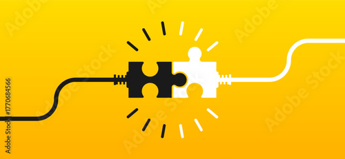 Connecting puzzle pieces on yellow background. Two puzzle pieces with cables coming together. Idea, solution, business, strategy concept. Vector illustration.