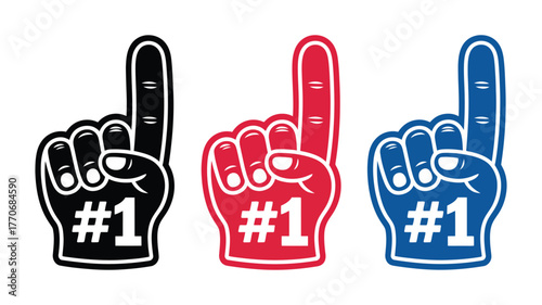Colorful foam finger number one hand symbols in black, red, and blue design showcasing sports fan cheering accessories ideal for celebration, party decorations, and promotional materials