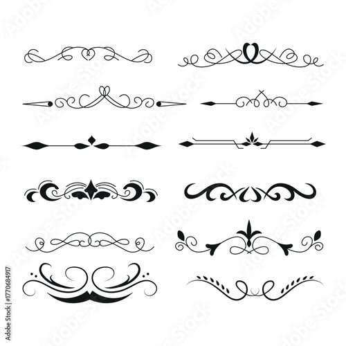 Gold text dividers doodle set. Wedding decorative elements. Divider ornament, borders, floral, vintage line separators. Hand drawn vector illustration isolated on white background. Set page dividers.