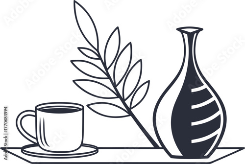 Minimalist still life: coffee cup, vase, and plant branch on a tray