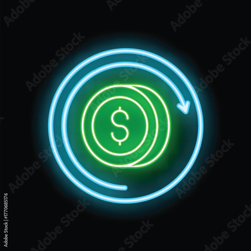 Neon sign representing the concept of money cash back with a dollar coin rotating inside a circle made of arrows