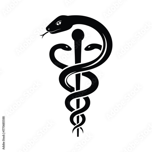 A black silhouette of the caduceus symbol, featuring two snakes coiled around a winged staff, isolated on white background