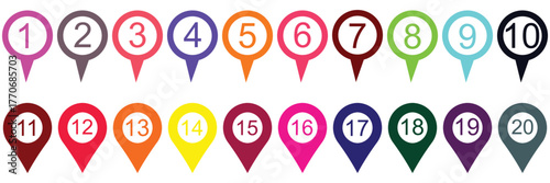 Numbered Location Pin Icon Set – 1 to 20 Map Marker Symbols for Navigation and Step-by-Step Guide