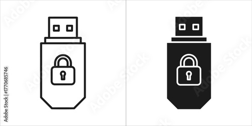 Usb flash drive with lock icon in black and white vector illustration