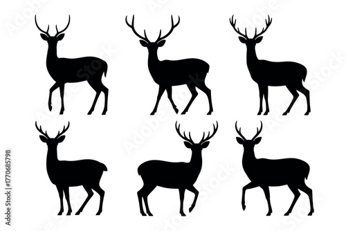 A collection of six distinct black silhouette deer against a white background.