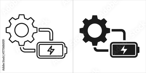 Battery and gear icon, symbol of energy, power, electricity, and mechanical process
