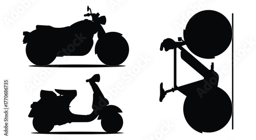 Silhouette of a motorcycle, scooter, and bicycle, showcasing transportation options
