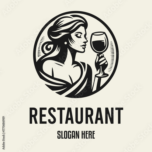 Black and white flat vector logo of a beautiful woman drinking wine from a glass. Elegant illustration for bars, restaurants, wine brands and tasting events.