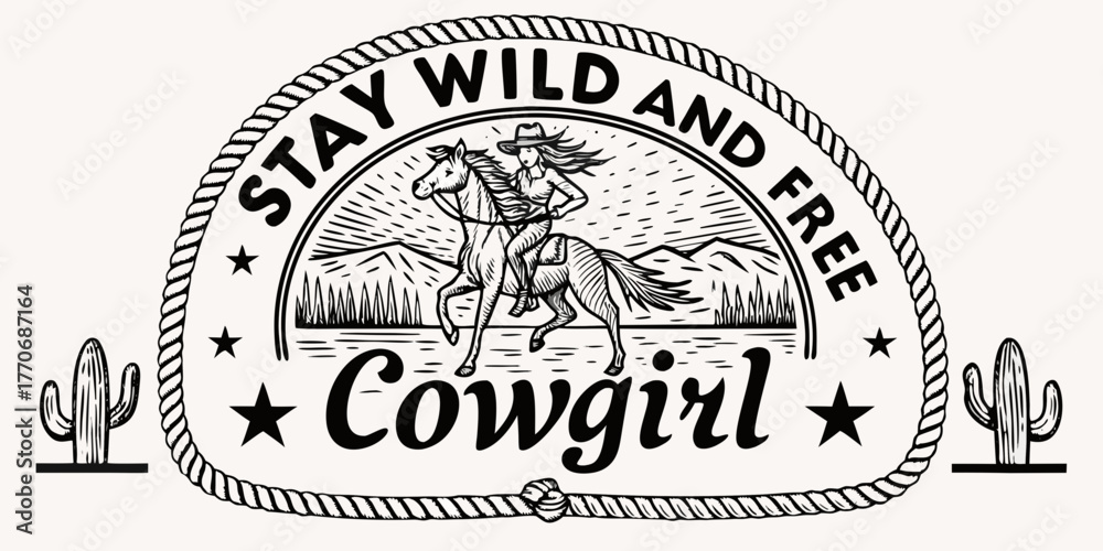 Obraz premium Vintage style illustration of a cowgirl riding a horse with mountains and cacti emblem