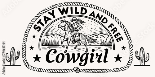 Vintage style illustration of a cowgirl riding a horse with mountains and cacti emblem