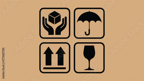 Black and white shipping symbols on brown background cargo icons handling instructions