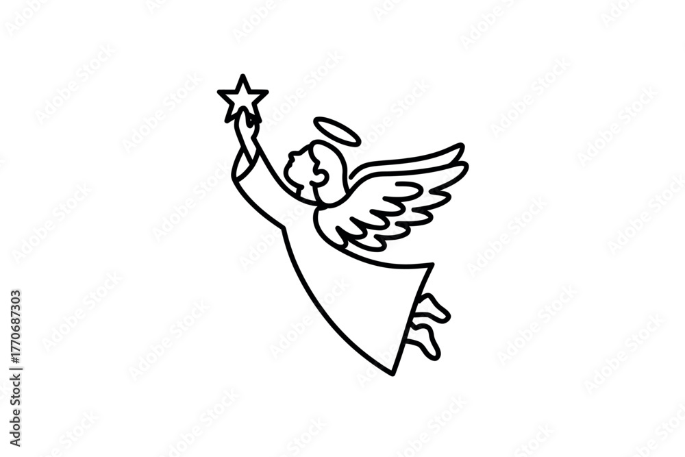 Fototapeta premium A simple line drawing of an angel with a halo and wings holding a star aloft.