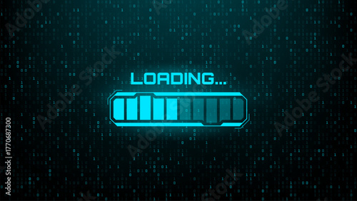 Digital loading progress bar with binary code background for data transfer, update, or software installation concept.