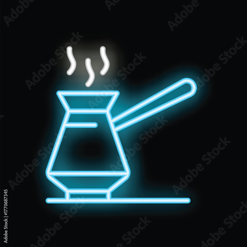 Neon sign of cezve, traditional turkish coffee pot, brewing fresh coffee on black background