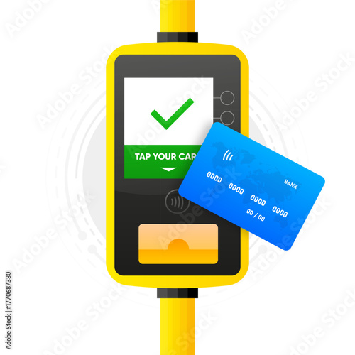 Public transport Cashless Ticketing System. Bus and metro cards. Terminal for passenger transport card. Wireless or cashless payments, nfc. Vector illustration.