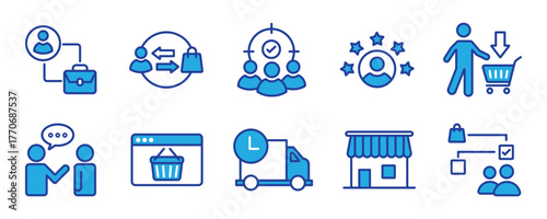 Crm icon set. Contain filled flat campaign management, closed sale, converted lead, crm software, customer journey, demand generation. Editable format
