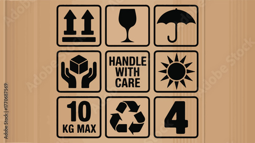 Black and white shipping symbols on brown cardboard fragile