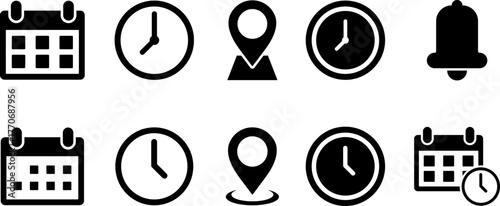 Collection of common icons for calendar clock location and notification
