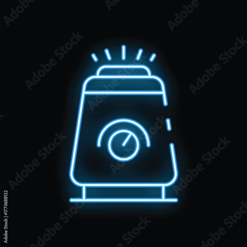 Blue neon sign showing a smart speaker with voice assistant emitting light beams on black background