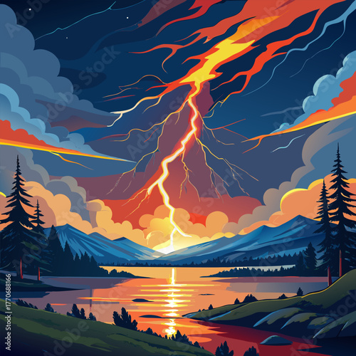 A striking lightning storm illuminates a serene landscape at twilight