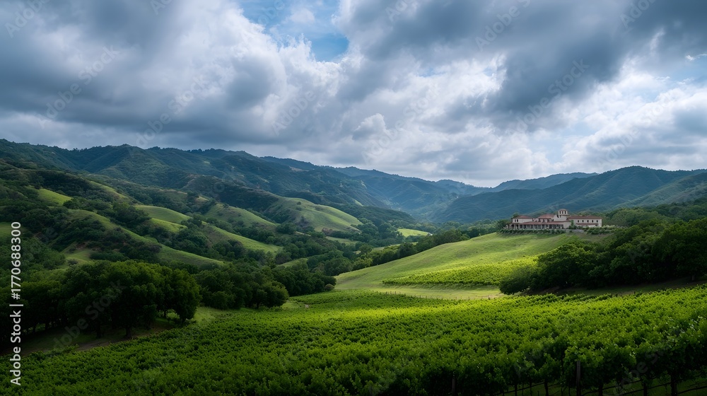 Obraz premium Expansive green vineyard landscape with rolling hills a majestic winery estate and dramatic clouds under sunlight