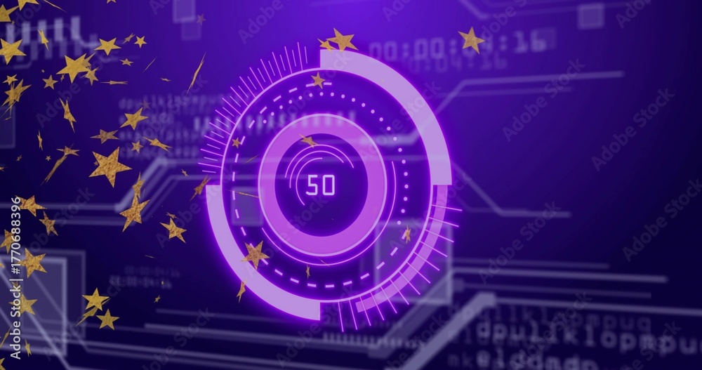 Fototapeta premium Displaying purple ringed gauge showing number 50 on digital screen, with code lines and gold stars