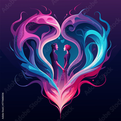 Two figures holding hands within a heartshaped swirl of vibrant colors