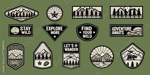 Collection of vintage outdoor adventure patches with mountains trees and inspirational quotes
