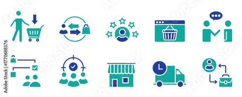 Crm icon set. Contain filled flat campaign management, closed sale, converted lead, crm software, customer journey, demand generation. Editable format