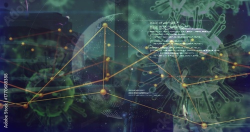 Displaying network graph mapping green viral models and gold nodes in virtual lab with wireframes