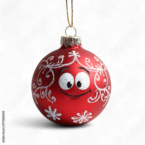 A red christmas ornament with a smiley face and white filigree, isolated on transparent background