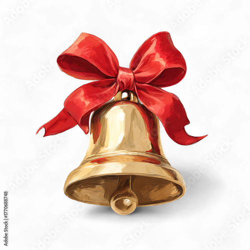 A golden christmas bell with a red ribbon bow isolated on transparent background