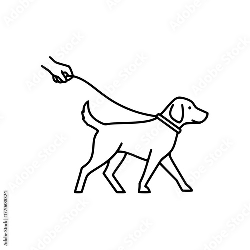 Black and white illustration of a dog with a leash around its neck