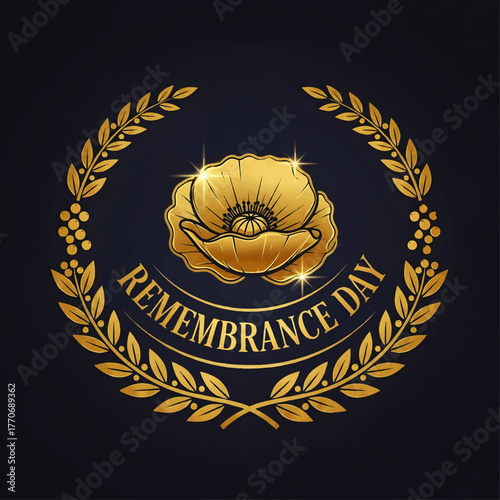 Golden poppy flower emblem for Remembrance Day, surrounded by a laurel wreath on a dark blue background.