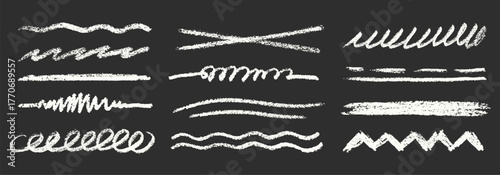 Crayon Line Stroke Vector Set. Chalk Scribble Underline Shapes Collection. Blackboard Hand Drawn Brush Texture Highlight Squiggle. Pencil Emphasis Elements Charcoal Doodle Dividers Bundle