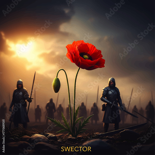 A vibrant red poppy stands tall in a field, silhouetted against a line of medieval knights under a dramatic, cloudy sky at sunset.