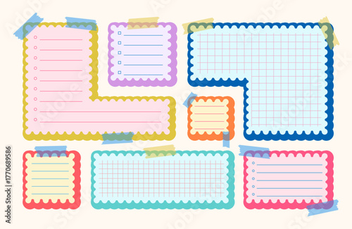 Paper corrugated diary frame memo pages templates set. Cute scallop notebook to do list sheets blank planner notes stickers collection. Sticky tape reminder stationery organizers backgrounds. Isolated