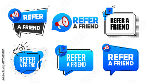 Refer a Friend banners collection. Banner with megaphone. Referral program concept. Advertising reference symbol. Vector illustration.