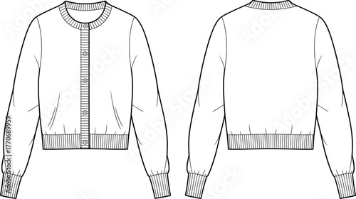 Classic Crew Neck Cardigan Flat Fashion Sketch Technical CAD Drawing Button Front Ribbed Hem Vector Illustration