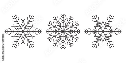 Set of black linear snowflakes isolated on white background. Vector.
