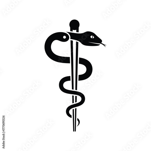 Black caduceus symbol, medical symbol, healthcare symbol, pharmacy symbol, snake and staff, isolated on white background