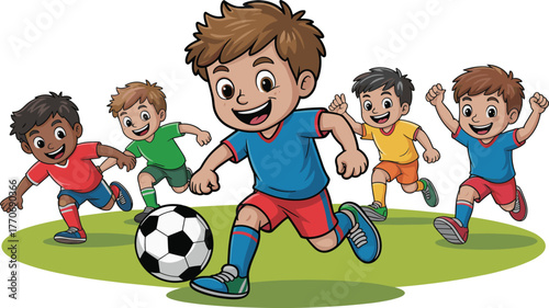 Cartoon children playing soccer on grassy field, kicking ball, outdoor fun, teamwork, colorful outfits, energetic movement, cheerful sports activity
