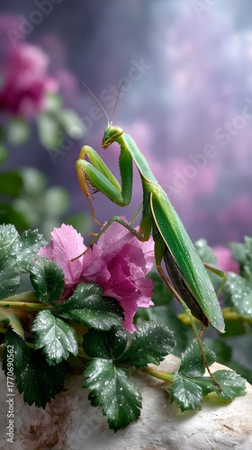 Green Praying Mantis on Vibrant Pink Flower with Lush Background