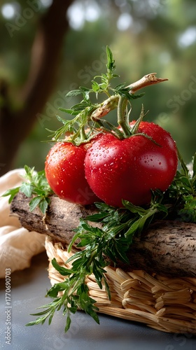 Fresh Red Tomatoes with Water Droplets on Natural Wood Background